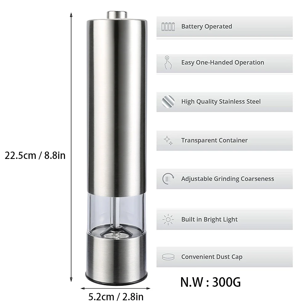 Stainless Steel Electric Pepper Grinder Portable One-handed operation Spice Grain Mill with Led Light for Home Kitchen Grinding Tool electric grinder pepper grinder