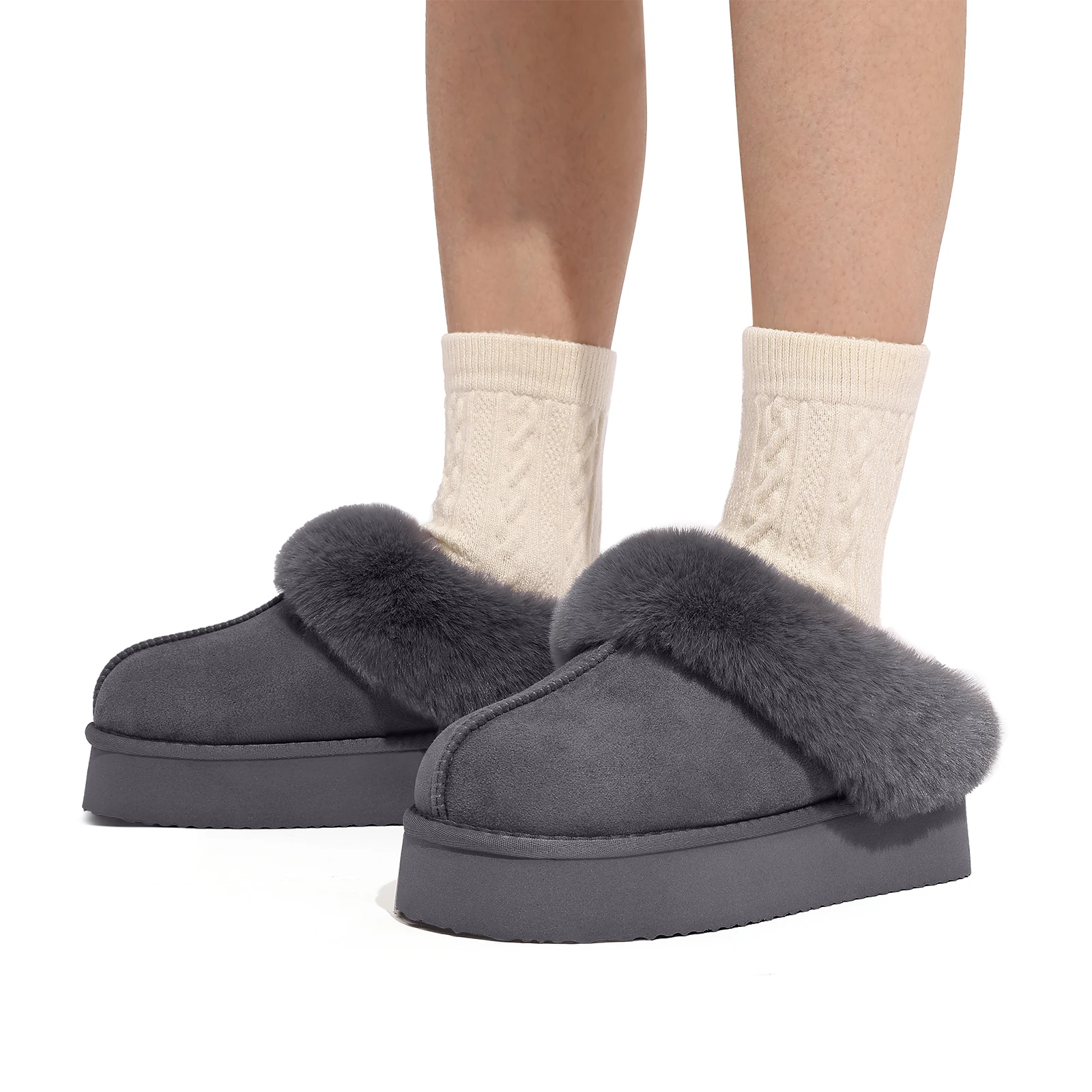 Warm Womens Suede Slippers Winter Memory Foam Fur Lined