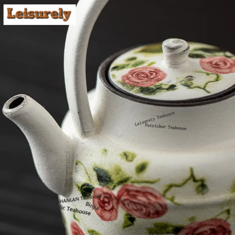 175ml Oil Painting Rose Porcelain Handle Teapot Zen Tea Infuser Pot Tea Making Kettle with Filter White Tea for Tea Ornaments