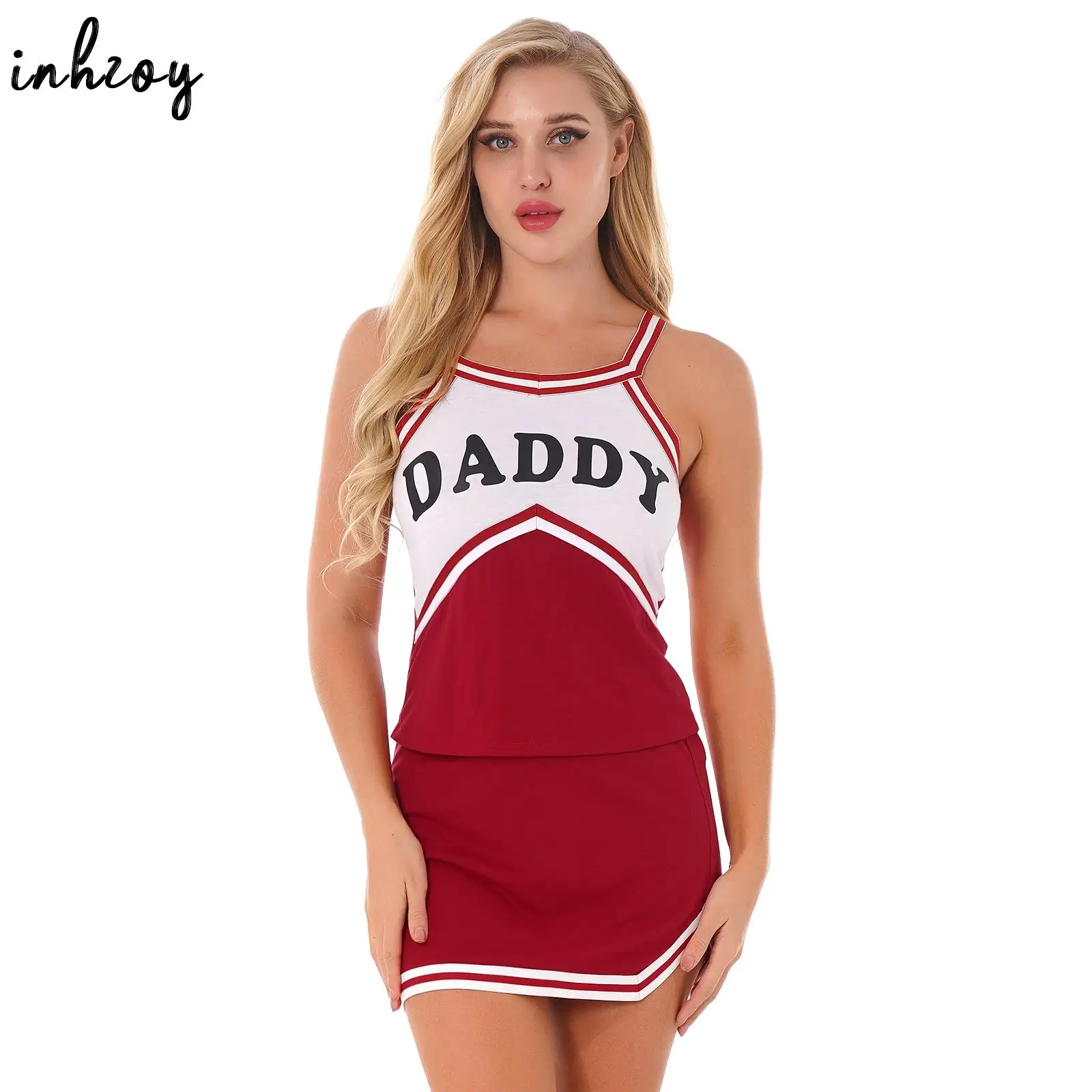 

Womens Daddy Schoolgirl Cheer Leader Costume Role Play Uniform Cheerleading Outfits Camisole Vest Top with Short Skirt Set