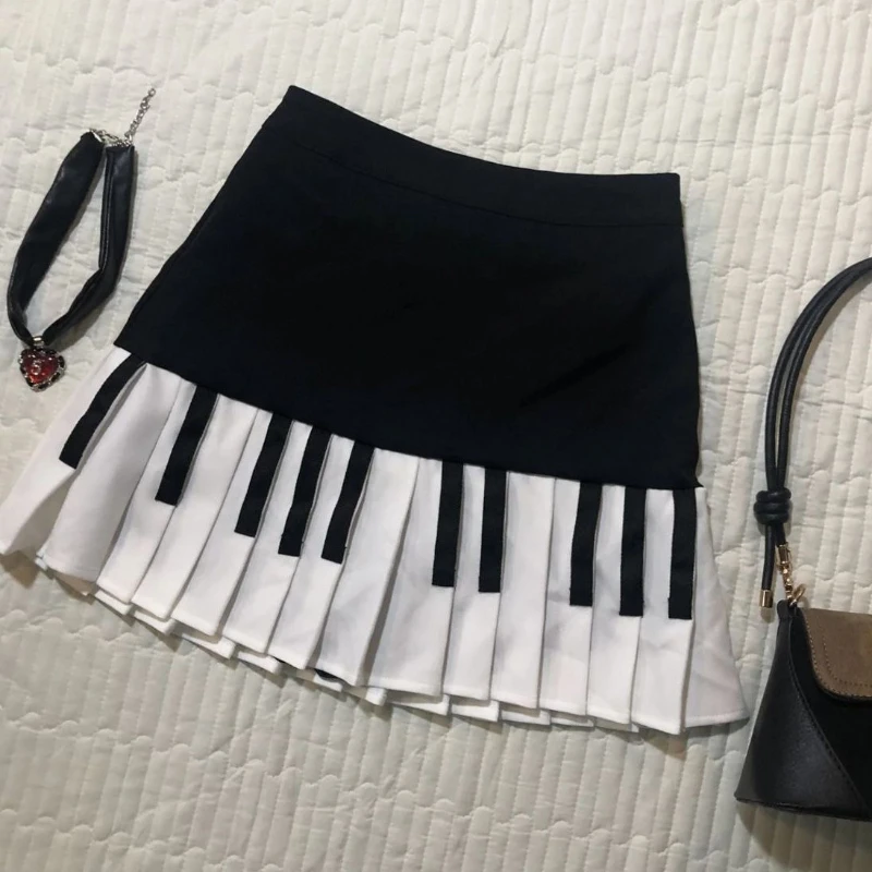 American Retro Sweet Black White Piano Skirts 2025 Summer New Pleated Skirt Woman Y2k Slim Fit High Waist Fashion Faldas Mujer 5