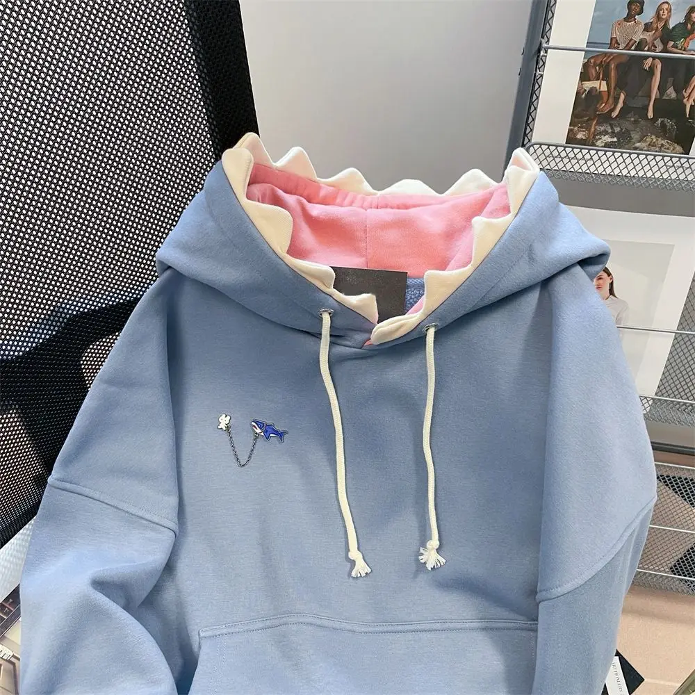 Aesthetic Long Sleeve Fleece Shark Hoodies Drawstring Top Coat Hooded Sweatshirts Loose Pullover Shark Hat Sweater Women Man