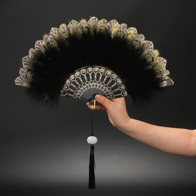 Abanico De Plumas Plegable Blanco – Estilo Chino Con Encaje Bordado, Borlas Colgantes, Para Bodas, Fiestas O Decoración