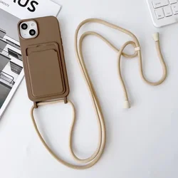 Versatile Lanyard Rope Phone Case with Card Holder and Necklace Strap - Soft Silicone Cover - iPhone 15 Plus (Coffee)