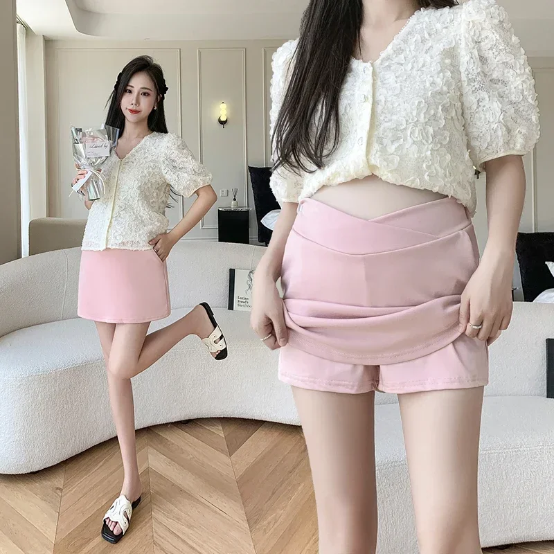 Korean Style Summer Maternity Pencil Skirt with Shorts Lining Thin Low Waist Office Lady A-line Mini Skirts Pregnant Woman Skort