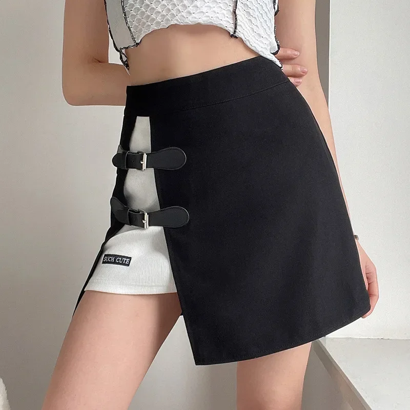 Women Embroidery High Waist A-line Skirts Female Harajuku Fashion Goth Y2k Hollow Out Patchwork Letters Skirts Leather Buckle