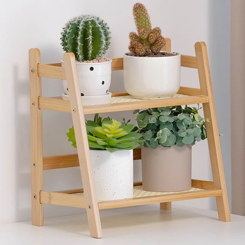 Wooden Storage Shelf 2-Tier Rattan Desktop Stand Organizer Trapezoidal ...