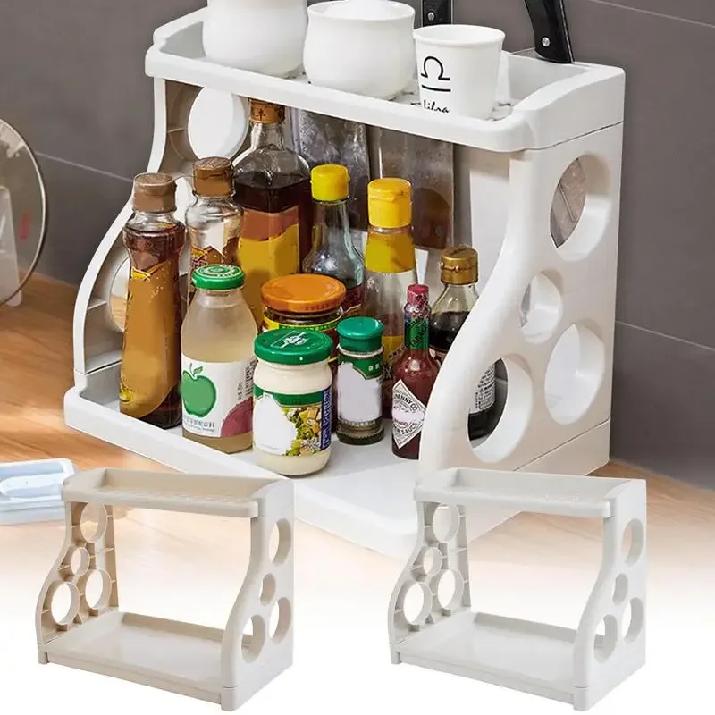 2Layers Kitchen Storage Shelf Plastic Countertop Seasoning Jar Spice Storage Rack Microwave Oven Shelves Home Accessories