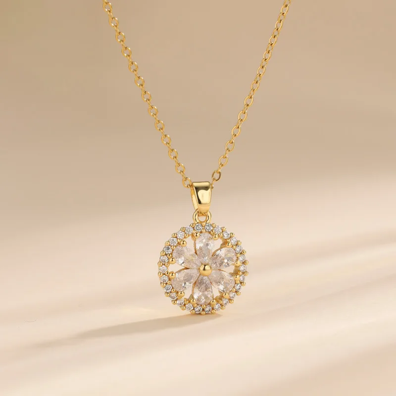 

HIYEE Classic Normal O Chain Crystal Sunflower Stainless Steel Non-fading Pendant Necklace Women's Hot Necklace Jewelry