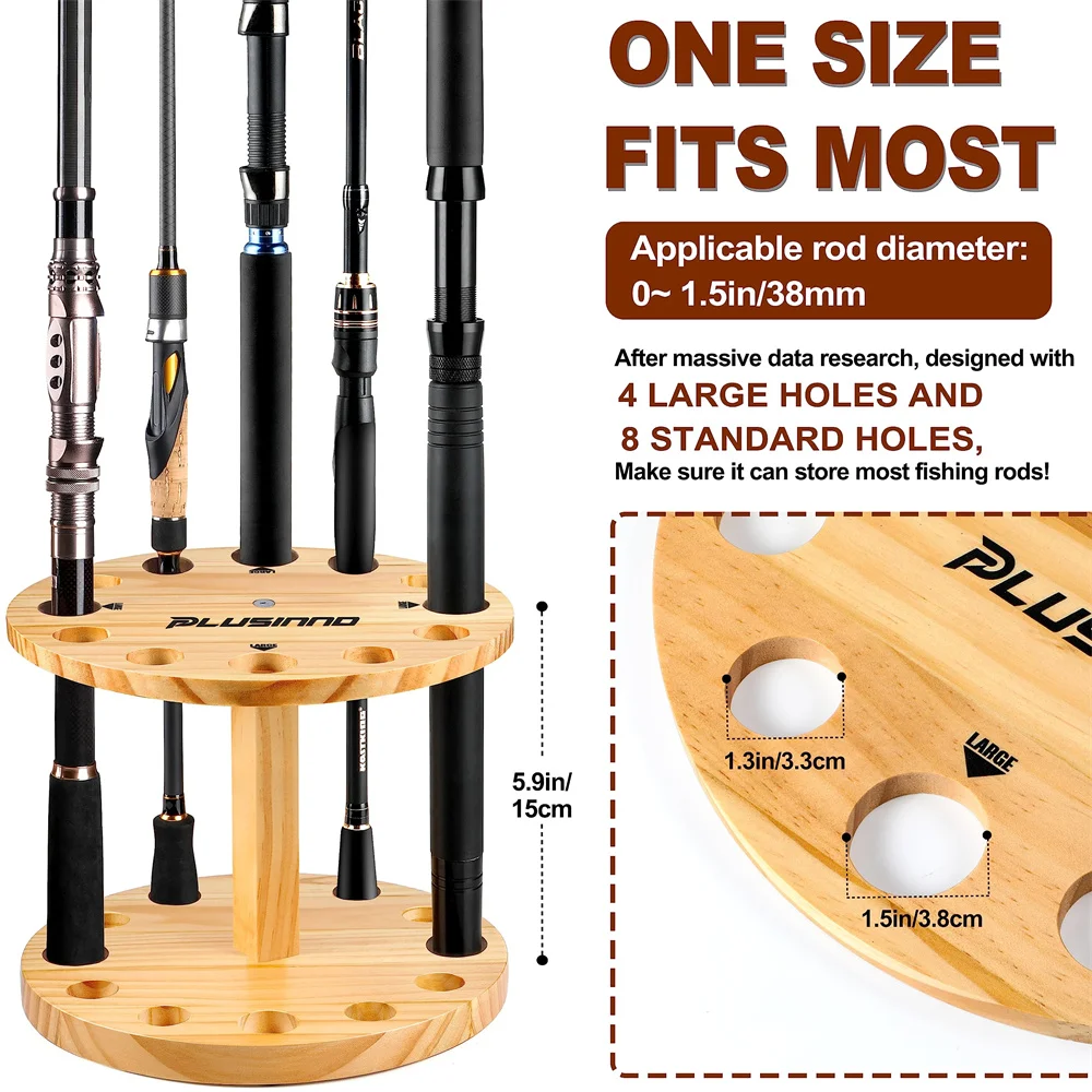 PLUSINNO V12 Wood Fishing Rod Holders for Garage Vertical Wooden Fishing Pole Rack