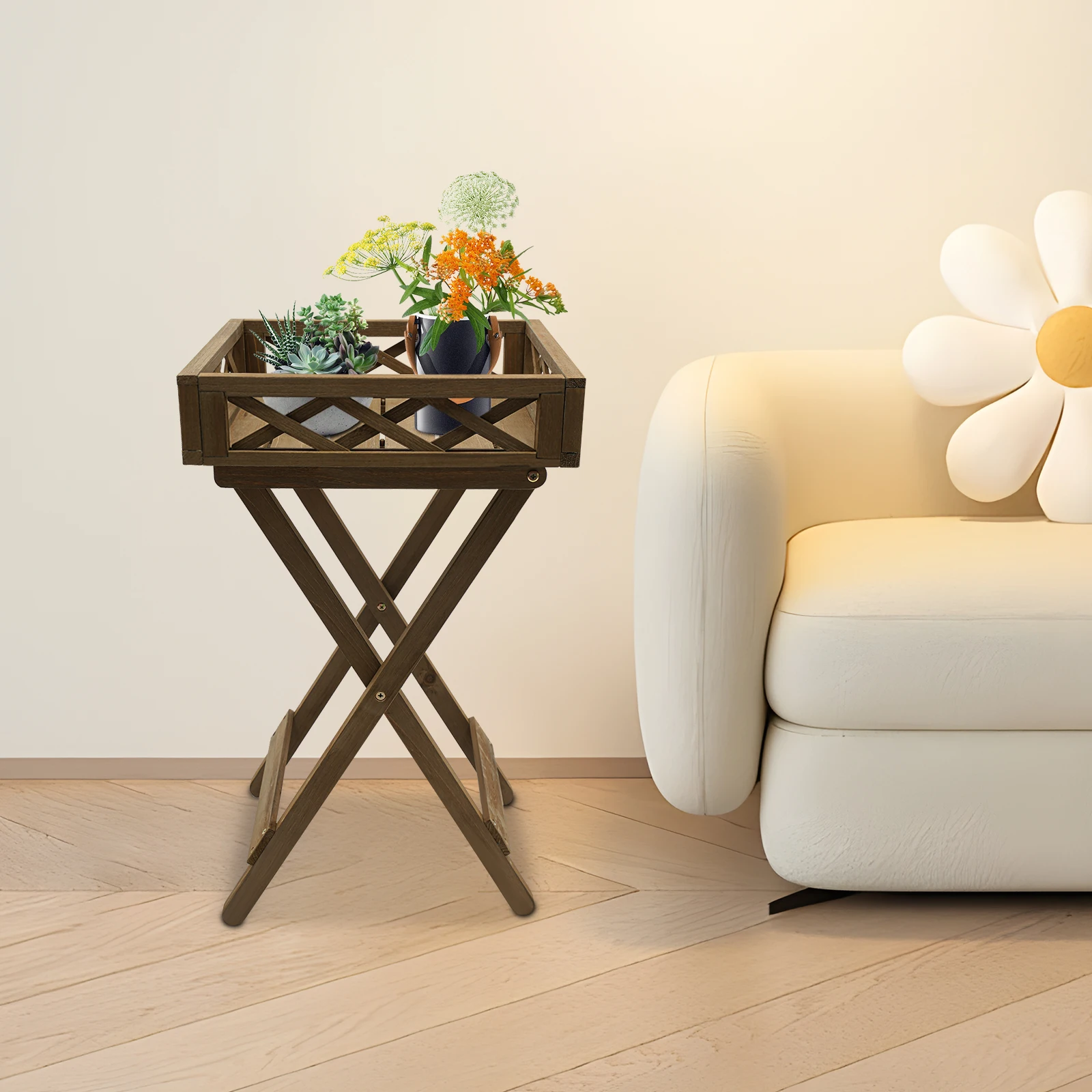 15.7*15.7*3.5in Solid Wood Folding Flowerpot, Flower Rack, Storage Rack, Plant Bracket, Plant Rack 20kg-Coffee Color