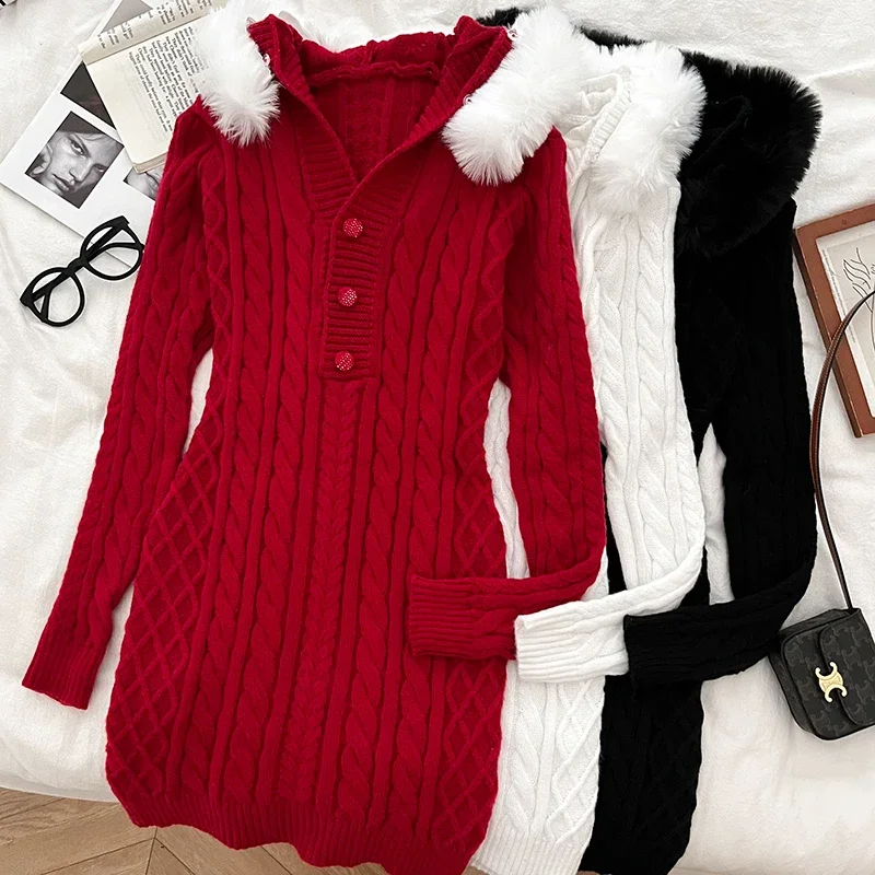 

2024 Winter Sweet Hooded Knitted Sweater Dress Women Korean Fashion Slim Bodycon Hoodie Pullover Female Y2k Faux Fur Knit Dress