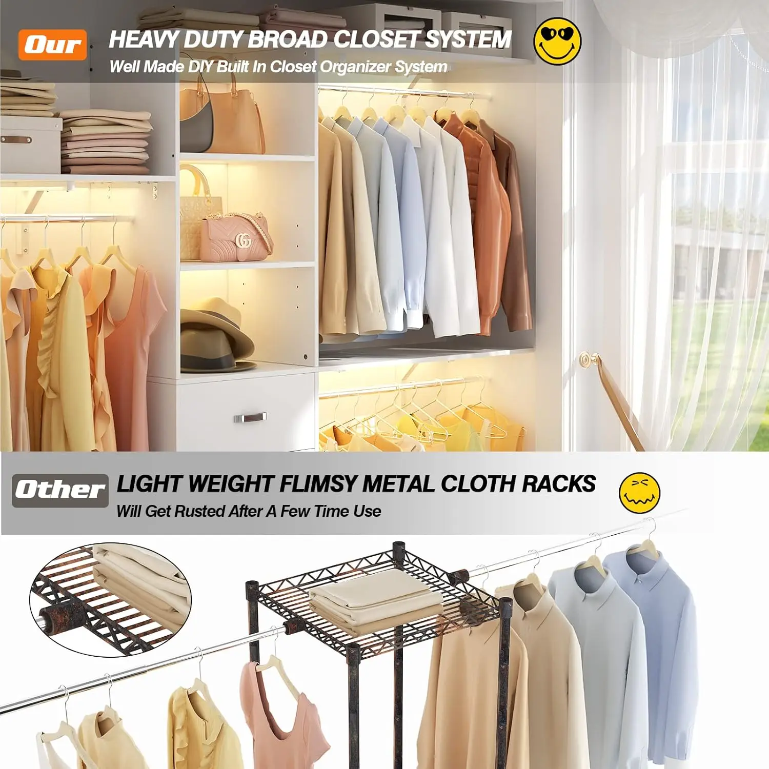 96 Inches Closet System, 8FT Walk In Closet Organizer with 3 Shelving Towers, Heavy Duty Clothes Rack 5