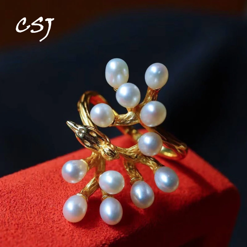 

CSJ Elegant Natural FleshWater Pearl Ring Sterling 925 Silver for Women Birthday Wedding Party Jewelry Gift