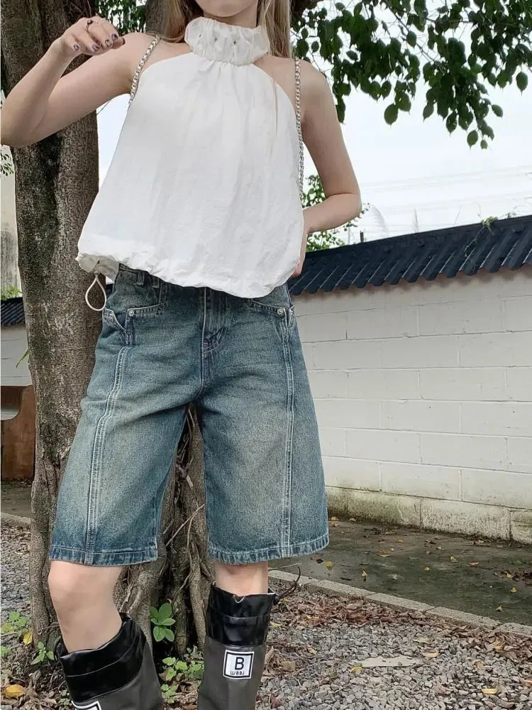 

American Retro Blue Denim Shorts Women Korean Style High Waist Biker Shorts Jeans Feminino 2023 Summer Chic Streetwear