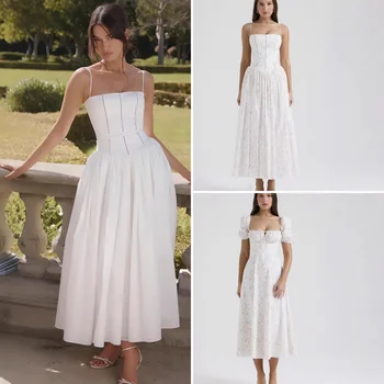 Elegante abito allacciato con stampa floreale in stile francese che dimagrisce il vento delicato Abito da fiaba alla moda con scollo a V senza maniche al ginocchio