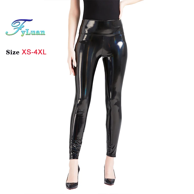 Women Black Slim Leggings High Waist Elastic PU Leather Skinny Pants Shiny Latex Leggings