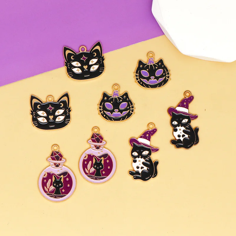 Wholesale 100pcs Cute Halloween Cat Enamel Charms Pendants Phone DIY Accessories Golden Base Metal Jewelry Aaccessory Gift