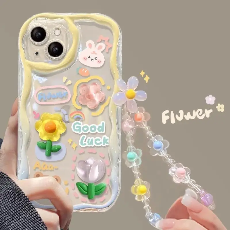 Lovely 3D Cartoon Flower Chain Phone Cases For iPhone 15 Pro Max