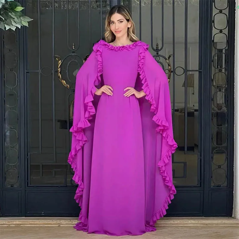 

New Arrival Backless Mother Of The Bride Dresses Long Cape Ruffled Sweep Train Chiffon Groom Mother Dresses For Weddings