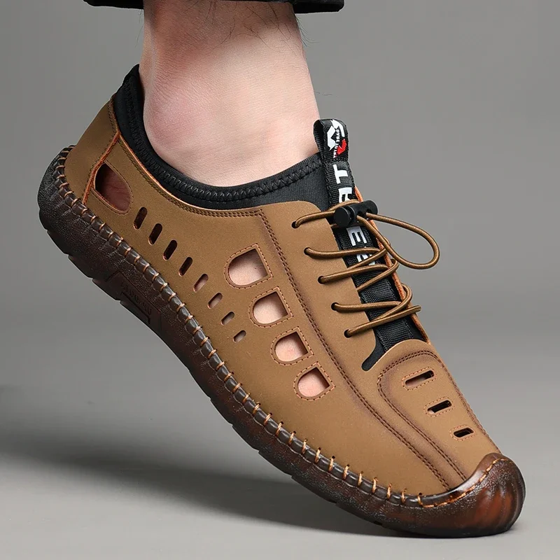 

2022 New Style Hand-stitched Summer Men's Casual Sandals Fashion Hollow Breathable Shoes Flat Business Soft-soled Sports Shoes