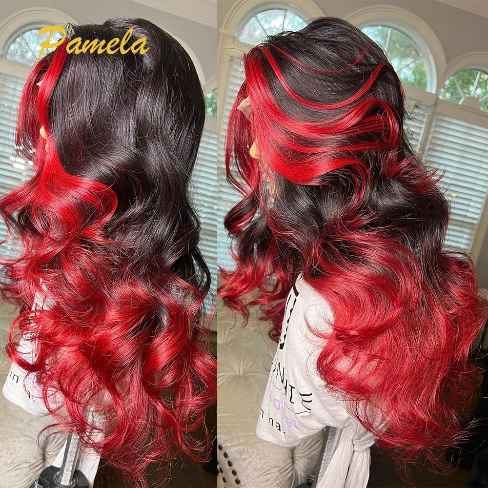 Body Wave Wear and Go Glueless Human Hair Wigs 250% Density Ombre 1B Red Colored 13x4 HD Transparent Lace Frontal Wigs For Women