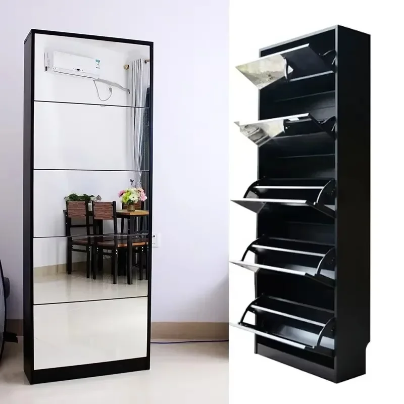 Shoe Cabinet Flip-down Mirrored Shoes Storage Rack Wood Cabinet