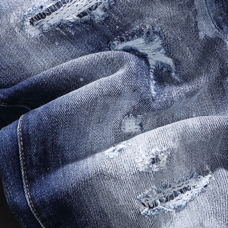 High Street Fashion Men Jeans Retro Blue Elastic Stretch Slim Fit Ripped Jeans Men Patched Designer Hip Hop Brand Pants Hombre