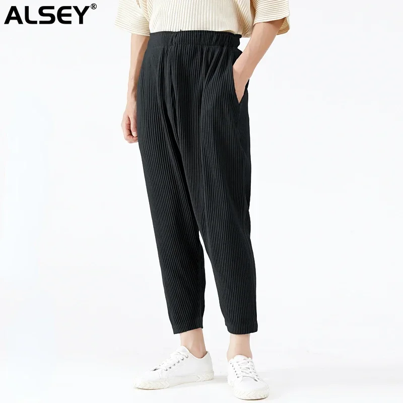 

ALSEY Miyake Pleated Sports Casual Pencil Pants for Men's Korean Fashion Smart High Waist Casual Simple Wstring Trousers