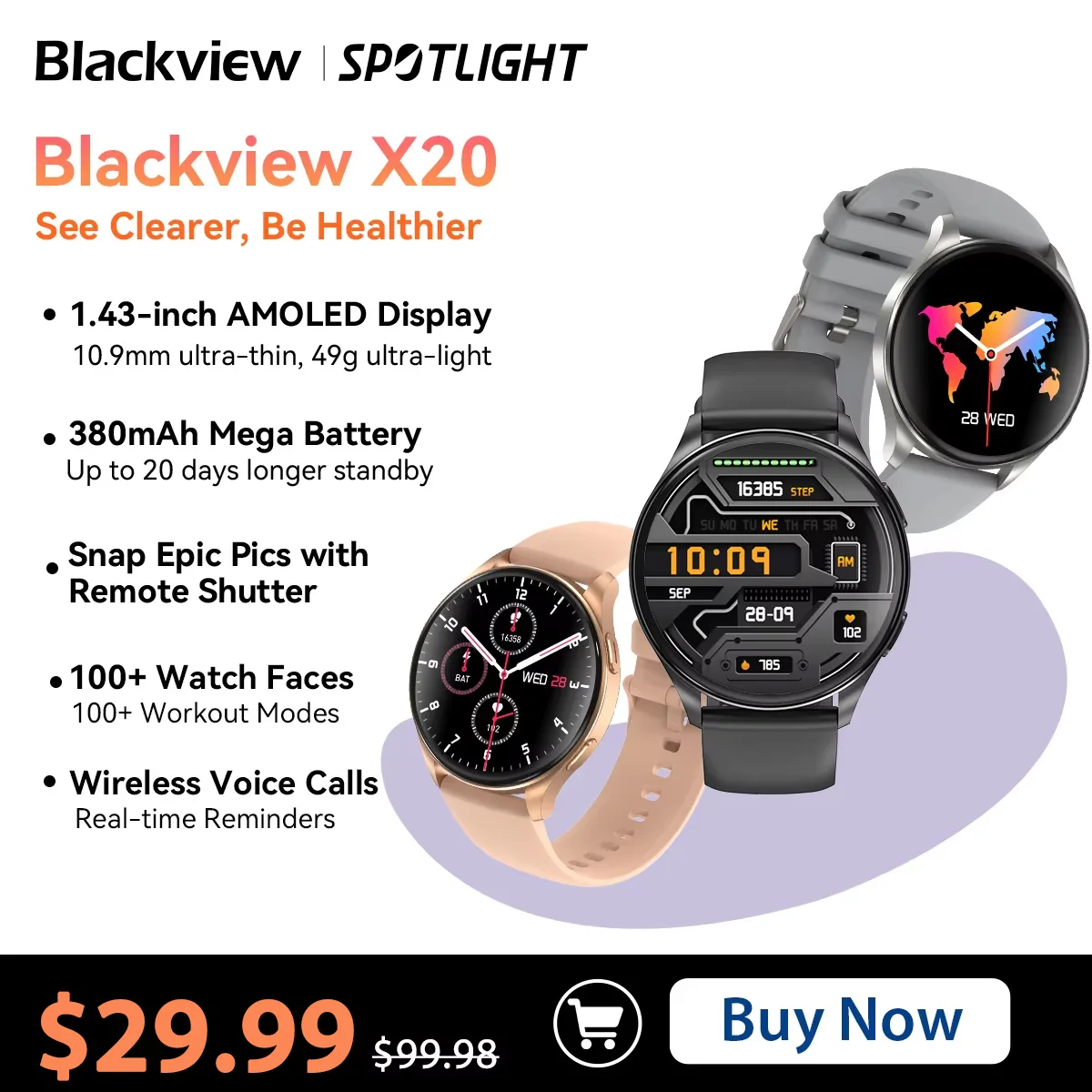Smart Watch Blackview X20 AMOLED Display Hi-Fi Bluetooth Phone Calls Health and Fitness Tracking