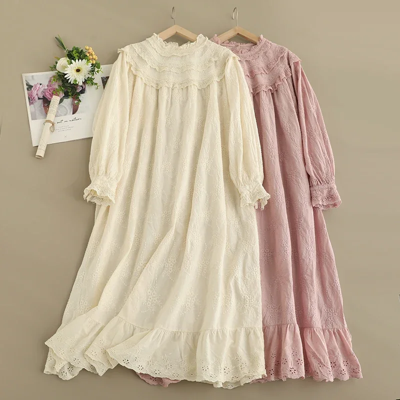 

Spring Sweet Mori Girl Solid Embroidered Dress Women Long Sleeve Midi Dresses