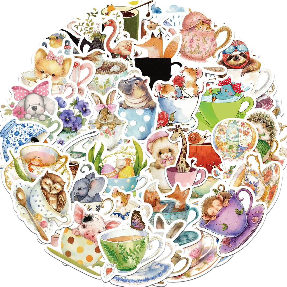 

10/30/50pcs Cute Teacup Animals Cartoon Stickers Waterproof Kid DIY Scrapbook Phone Notebook Funny Creative Graffiti Decals Toy