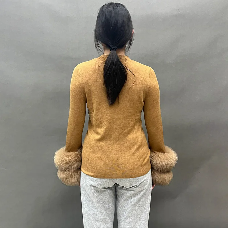 Women's Fashion Sweather Real Fox Fur Cuff Knitted Pullover High