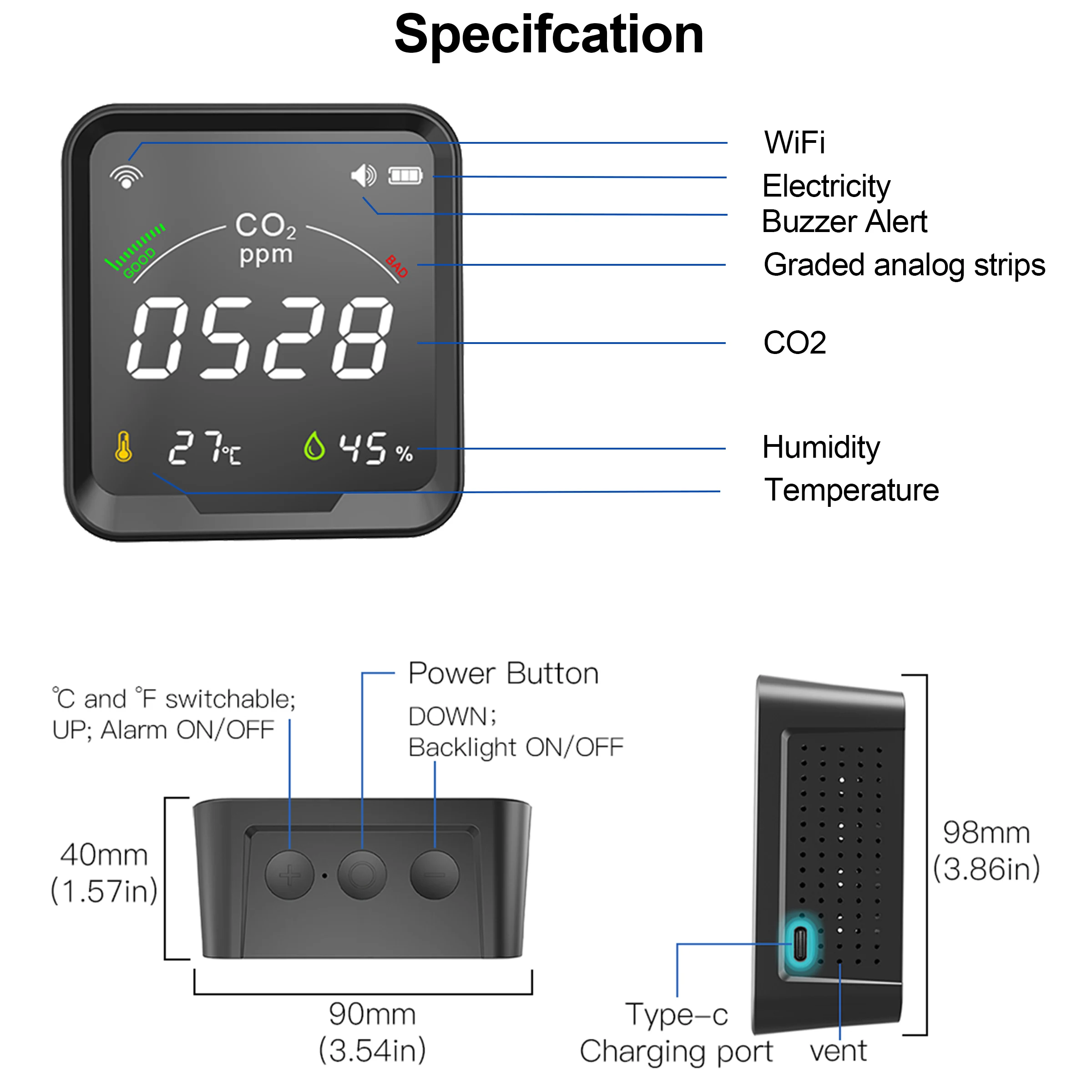 GIRIER Tuya Smart WiFi CO2 Sensor Temperature Humidity Carbon Dioxide Detector with Large LCD Screen 3 in 1 works Smart life App