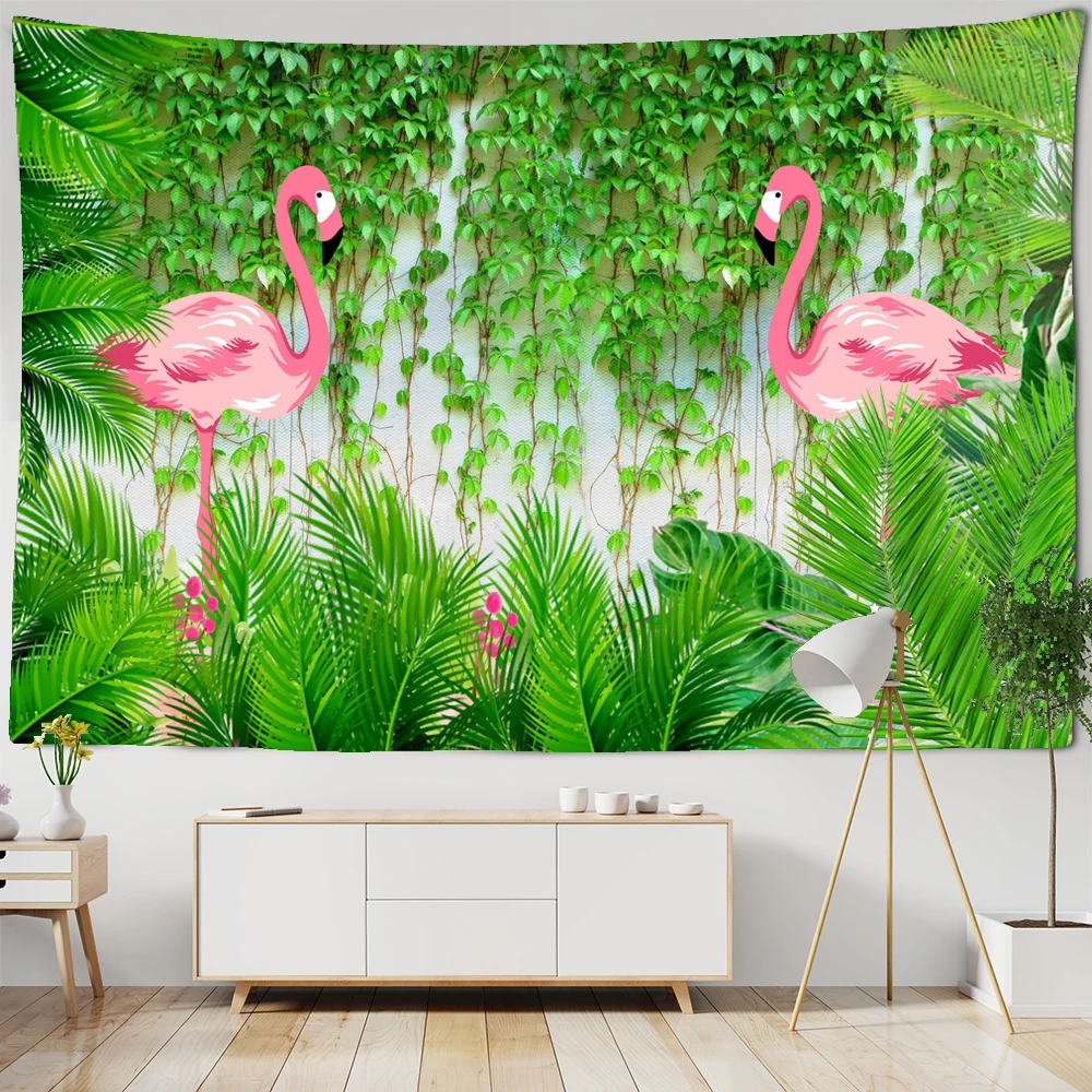 

Tropical plants jungle Flamingo tapestry retro landscape wall hanging mandala psychedelic wall covering yoga bohemian decoration