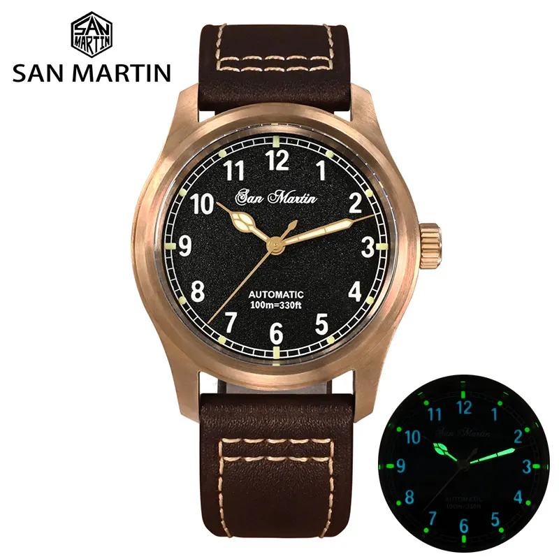 

San Martin Luxury Men Watch Cusn8 Bronze Vintage Sapphire Military YN55 Automatic Mechanical Wristwatch Leather 100M Waterproof