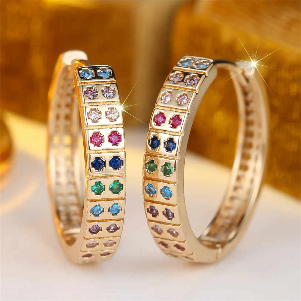 Double Row Rainbow Zircon Small Round Stone Hoop Earrings For Women Vintage Gold Color Ear Buckle Wedding Jewelry Valentine Gift