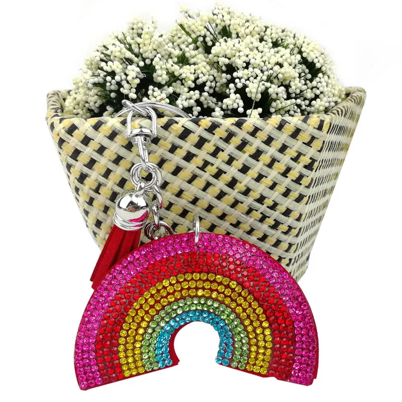 Porte-clés en velours strass coréen arc-en-ciel nuage pendentif, cadeau créatif frais gland sac accessoires de voiture