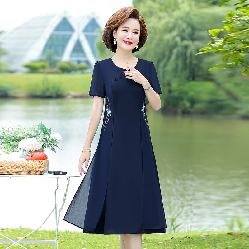 Vintage Fake Two Pieces Summer Casual Midi Dress Chiffon Loose Dress Embroidery Women Elegant