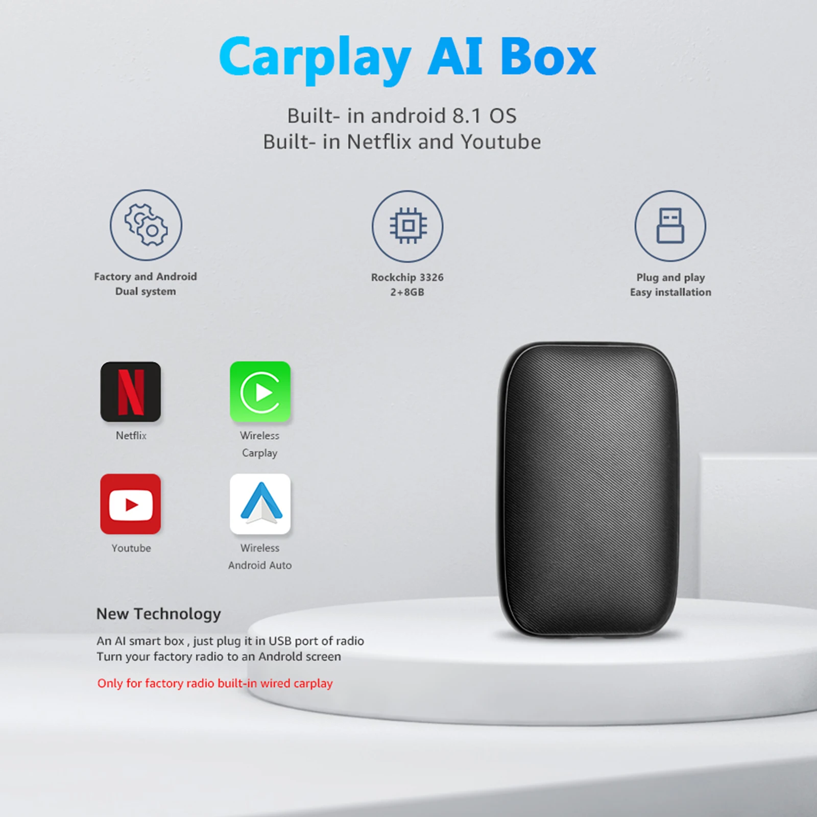 

Original Car CarPlay Ai Box Wired to Wireless CarPlay Only for Factory Radio Built-in Wired Carplay Support Netflix YouTube