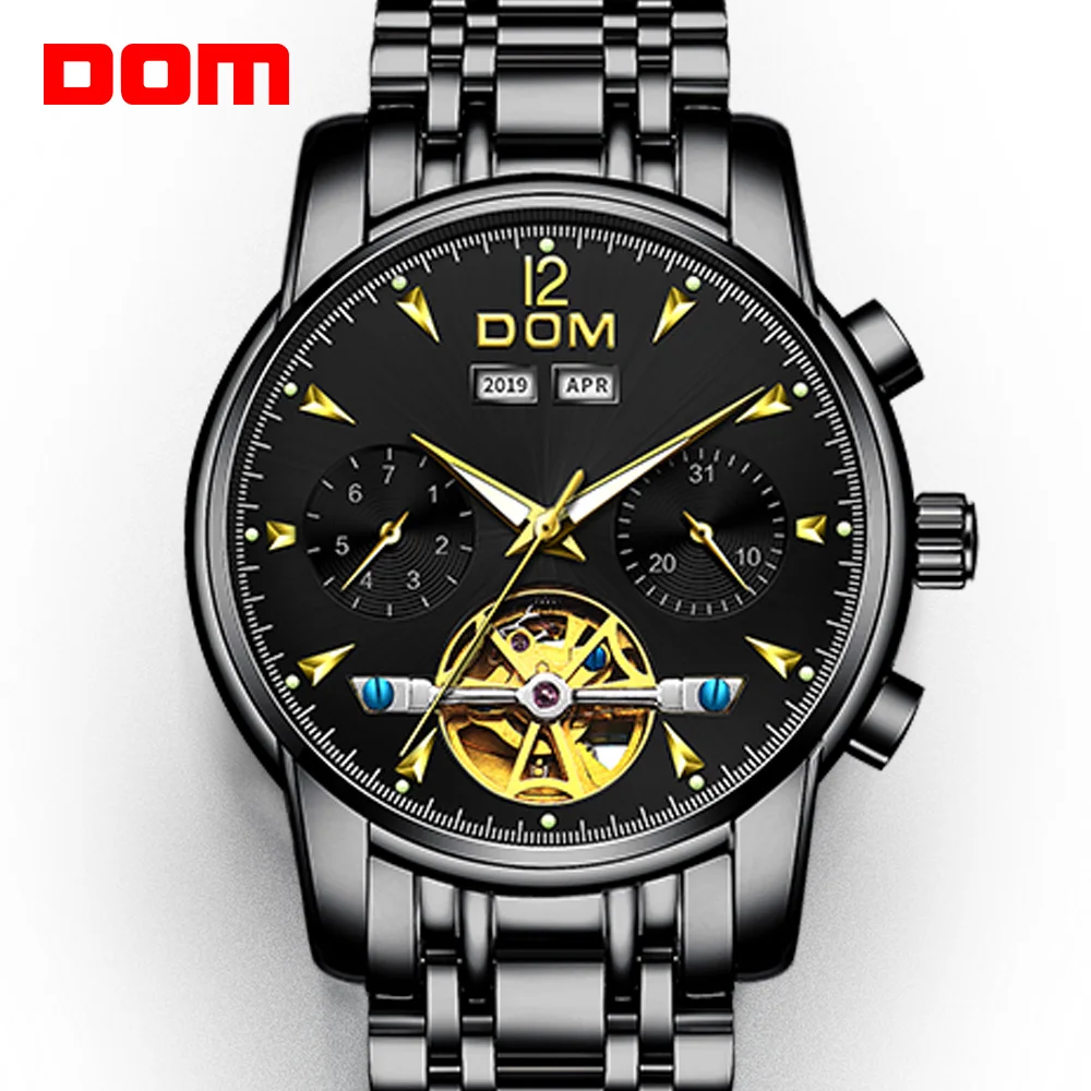 DOM Men Mechanical Watch Fashion Design SkeletonLuminous Hands Transparent Steel Bracelet For Men Top Luxury Brand M-75BK