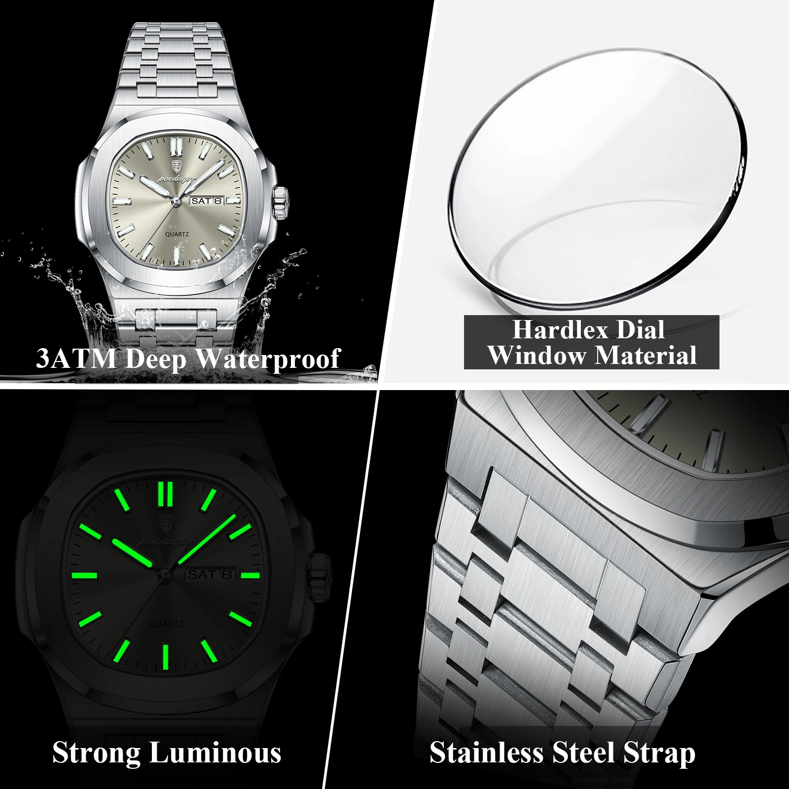 POEDAGAR Trendy Casual Wristwatch For Men Week Date Stainless Steel Man Watch Luminous Waterproof Luxury Quartz Men Watches+Box - Image 4