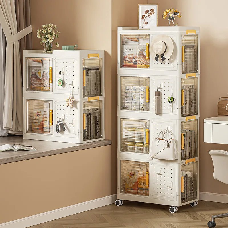 

Folding Plastic Storage Bins with Lids Stackable Cabinet Organizer with Caster Wheels Collapsible Toy Storage with Double Door