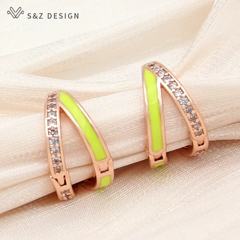 S&Z DESIGN New Fashion Luxury 585 Rose Gold Color Enamel Drop Earrings For Women Girl Wedding Jewelry Cubic Zirconia Eardrop