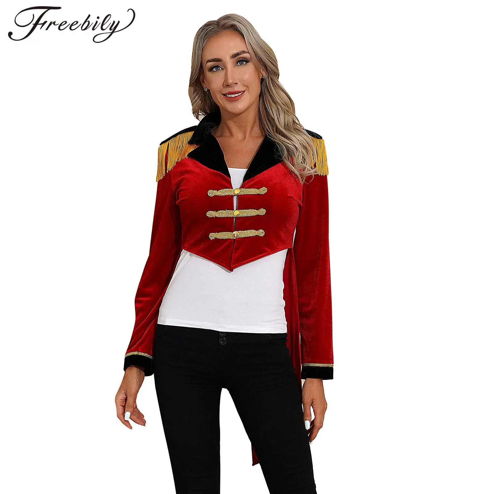 

Womens Circus Ringmaster Magician Cosplay Costume Long Sleeve Velvet Lapel Tailcoat Halloween Theme Party Performance Clothes