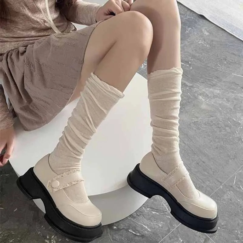 

Breathable JK Japanese Style Long Socks Stockings Thin Thigh High Socks Stockings Women School Girls Solid Color Knee High Socks