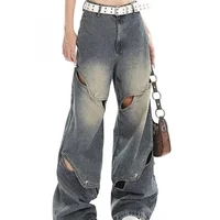 2025 Spring And Autumn New Niche Design Vintage Distressed Wide Leg Jeans Women's Hollow Metal Design Line Pattern