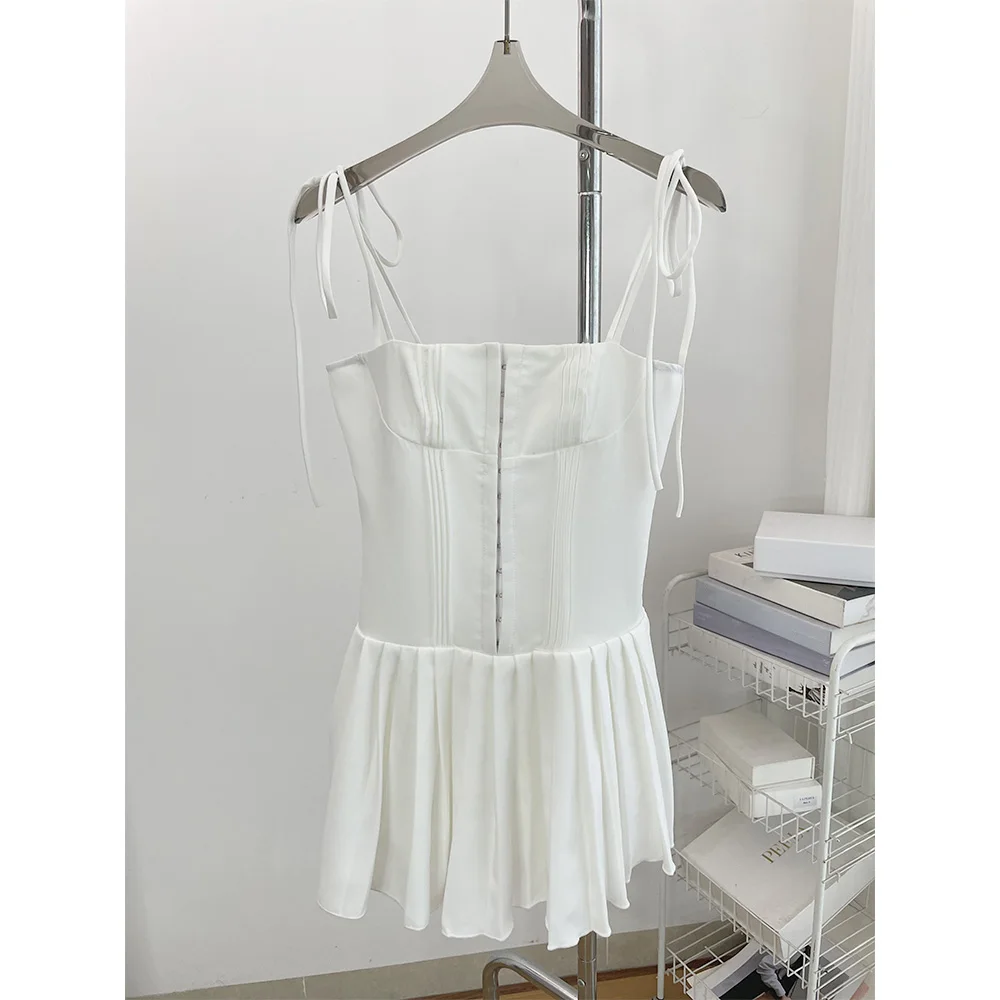 

High Quality! Niche Halter Fishbone Waist Pleated White Dress Birthday Party Backless Ribbed Puffy Short Dresses