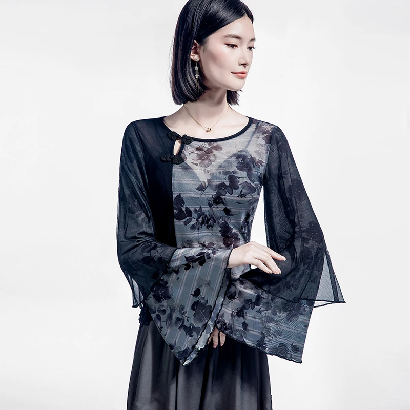 Button Design, Round Neck Long-Sleeved Mesh T-Shirt, Printed Splicing, Bell Cuffs, Double-Layer Sleeves, Slit Hem, Spring and Summer Directional, Elegant Women's Clothing, Semi-Transparent and Elegant Dance Top