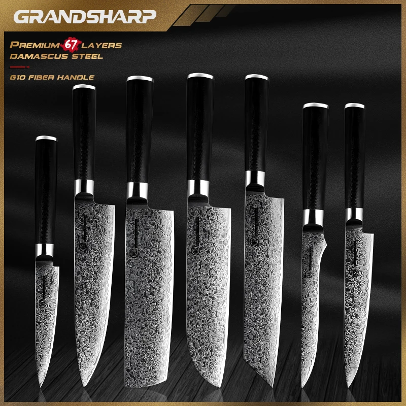 

Grandsharp 1-7 Pcs Kitchen Knife Sets Japanese Damascus Steel AUS-10 Chef Nakiri Utility Boning Knives Cooking Tool with Box